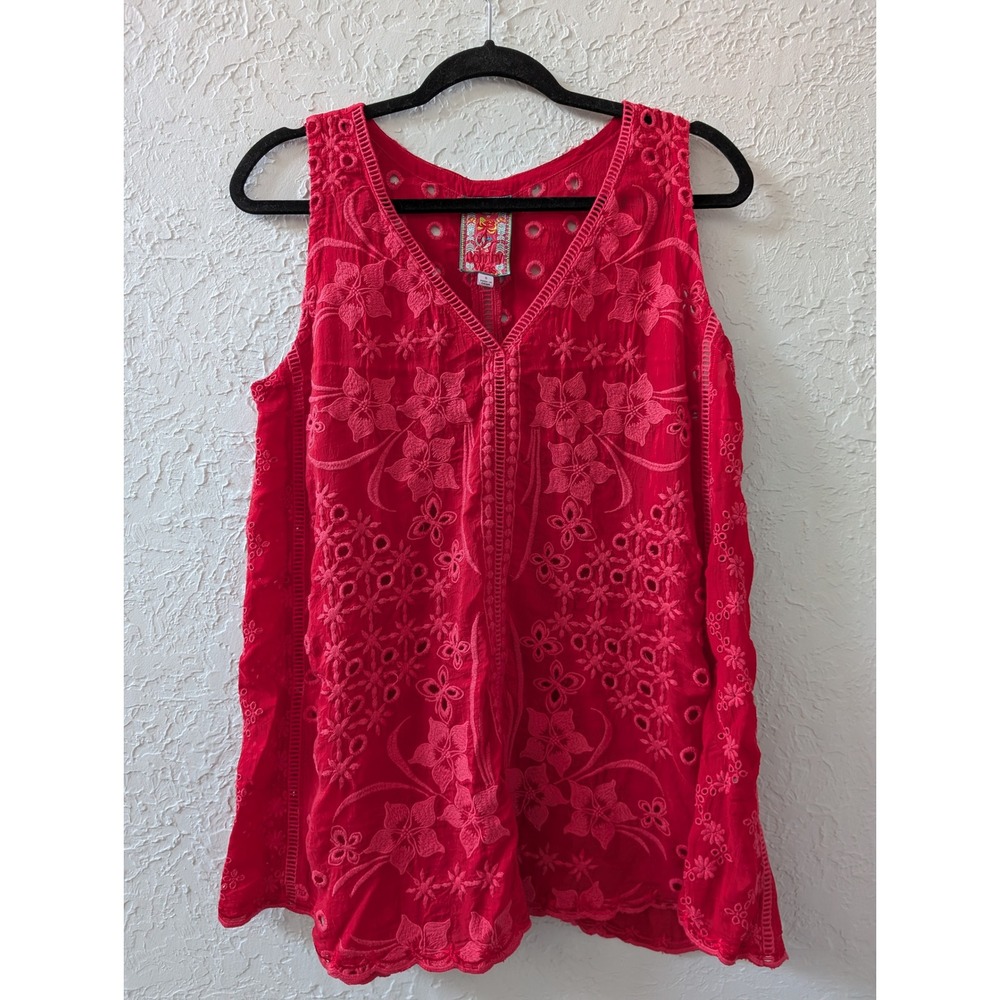 Johnny Was Embroidered Eyelet Tank Top Women M Cupra Rayon Red Boho